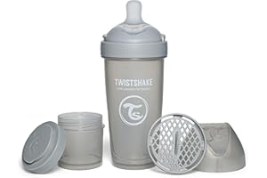 Twistshake Pro Double Anti-Kolik Babyflasche mit Milchpulverbehälter und Mixer - 330 ml | Brustähnliche Brustwarze aus Silikon mit schnellem Durchfluss | BPA-freie | Geeignet für Babys ab 4m+ | Grau