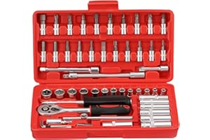 Faankiton 53 Pezzi Set di Chiavi a Bussola, Set di Chiavi a Cricchetto 1/4", Set Chiavi a Tubo a Cricchetto a 72 Denti, Kit di Strumenti a Cricchetto Cr-V, Set di Attrezzi Chiavi a Bussola (Rosso)
