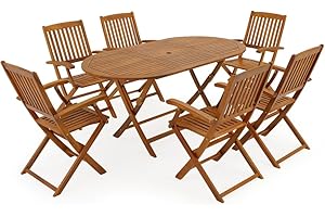 Casaria® Gartenmöbel Set Holz Wetterfest Klappbar 7-TLG. FSC®-Zertifiziert Schirmständer Armlehnen Garten Balkon Terrasse 160x85x74cm Akazie Braun