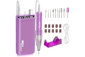 Kredioo Torno para Uñas Profesional 35000RPM, Pórtatil＆Recargable, 10 Brocas Lima Eléctrica, Manicura y Pedicura, Pulidor Set, Taladro de Clavo Eléctrico Limado, Kit Fresa, LCD con Batería, Violeta