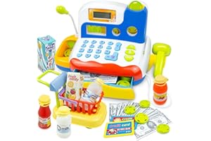 KalaDuck Registratore di Cassa Giocattolo, Calcolatrice Giocattolo con Scanner Microfonico e Denaro Giocabile, Registratore di Cassa del Negozio di Alimentari per Bambini dai 3 Anni in su.