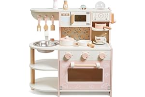 MEDOGA Kleinkind-Spielküche, Holzspielzeug, Kinderküchen-Spielset mit Kaffeemaschine, Spielfutter, Küchenzubehör, Kochset, Geschenk für Mädchen und Jungen, Alter 3, 4, 5, 6 Jahre