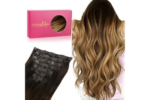 WENNALIFE Extensiones de Clip Seamless de Pelo natural, Marrón Oscuro a Castaño y Rubio Sucio Resaltado 40cm 130g 7 Piezas Sin Costuras Extensiones Pelo Natural Extensiones de Cabello Remy Humano