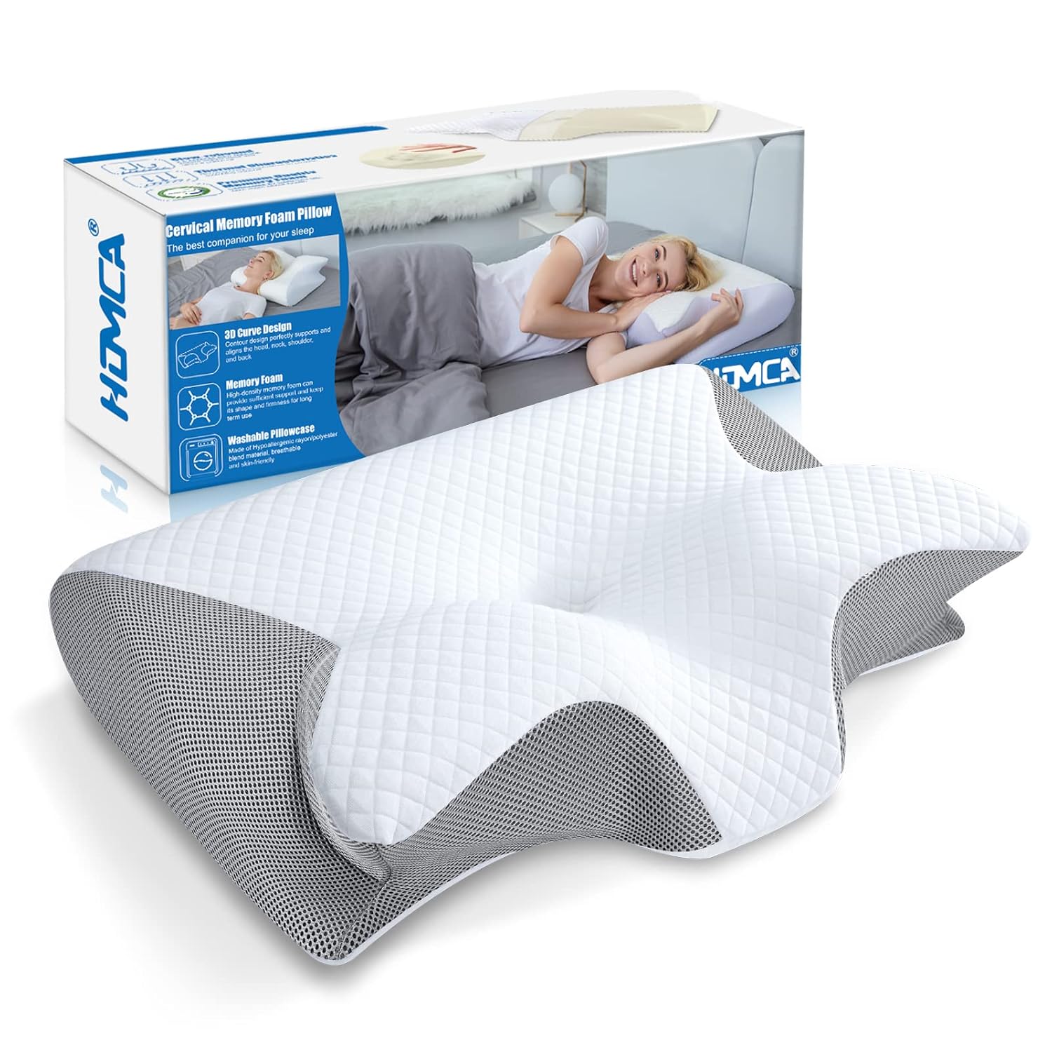 HOMCA Almohada Cervical 2 en 1 Espuma de Memoria, Gris, 60x40x12/14cm | Almohada Ergonómico, Soporte de Cabeza/Cuello/Hombro, Relajación y Alivio del Estrés, Funda Extraíble y Lavable