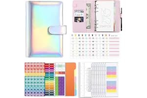 Ambolio planer budżetowy w formacie A6, segregator z koszulkami, 90 sztukz arkuszami budżetowymi, wkładami do segregatora, planer tygodniowy, papier do pisania, etykiety z kategoriami, srebrny B