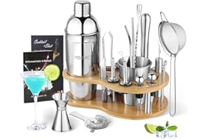 YISSVIC Cocktail Set 22-teiliger Cocktail Shaker Edelstahl mit 750 ml Boston Shaker doppel messbecher löffel Pourer und Bambus-Ständer Geschenk Set für Profis und Anfänger