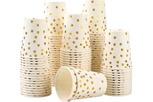 CEILIWEN Confezione da 100 bicchieri di carta da festa in oro nero, 9 oz/250 ml, per bevande calde e fredde (bianco-oro)