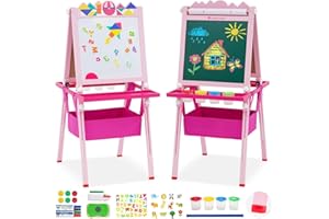 NUKDEY Kids Easel with Paper Roll Double-Sided Whiteboard & Chalkboard Height Adjustable Standing Easel Wooden Art Easel with Puzzle Tangram Toys and Other Accessories Gift for Kids and Toddlers