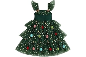 KOUOYBT Toddler Baby Girl Christmas Dress Santa Claus Shiny Stars Flying Sleeve A-line Dress Cake Smash Party Clothes Christmas Outfit