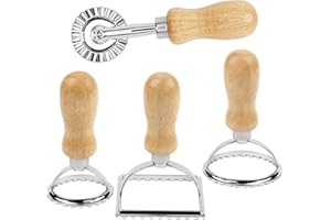 KEYIDO 4 PCS Ravioli Stamp Maker Cutter, Square Round Ravioli Cutter, Pasta Cutter Wheel with Wooden Handle & Fluted Edge, Pasta Press Tools for Kitchen
