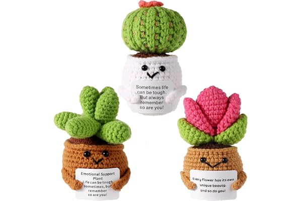 lasuroa 3pcs Plante Positive, Succulentes Positives Cactus Positif Succulentes Tricotées Cactus en Crochet Plante Tricot pour Décoration de Fête Cadeau Encourageant
