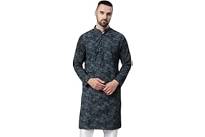 Majestic Man Men's Cotton Regular Fit Casual Mandarin Collar Ethnic Motifs Printed Long Regular Kurta