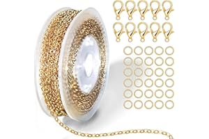 JYNVO Cadena Extensible Dorada DIY, 3m Cadena + 10 Cierres de Langosta + 30 Anillos 4mm para Bisutería Fai da Te