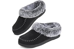 ULTRAIDEAS Women's Cozy Memory Foam Moccasin Suede Slippers with Fuzzy Plush Faux Fur Lining, Ladies' Slip on House Shoes with Indoor Outdoor Anti-Skid Rubber Sole