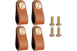 CJMUQHEHH 4 tiradores de cuero hechos a mano para muebles, 64 x 25 mm, con cabeza de latón, ideales para cajones, armarios y muebles, resistentes al agua, duraderos, para familias con niños