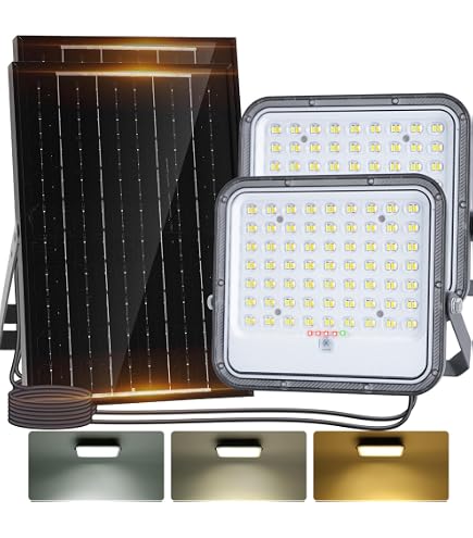 Fari LED Solari Da Esterno 200W - Coppia Con Telecomando, Sensore Crepuscolare E Cavo 20m, IP67, Ideali Per Giardino