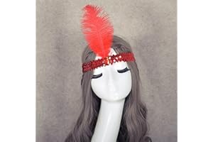 TseenYi Elastic Sequin Headband Hair band Boho Sequins Feather Headpiece Hair tie jewelry for Women and Girls Christmas Stage Performance (Red)