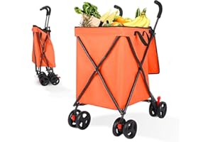 AESRAOU Shopping Cart, Collapsible Folding Utility Wagons Carts Heavy Duty, Large Capacity 120lbs, Minimalist, with All-Terrain Big Wheels for Outdoor Camping Shopping Sports Garden (Orange)