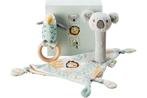 Nuby Ensemble cadeau pour bébé Animal Adventures - Ensemble de souvenirs en 3 pièces - Doudou, Siffleur et Hochet - Comprend un emballage cadeau - Convient dès la naissance