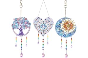 NICEJOOE 3pcs Diamond Art Painting Suncatcher, 5D Diamond Painting Wind Chime, 5D Diamond Painting Kits with Double Sided Rhinestone for Window Home Gardon Decor, Arts and Crafts Kits Gift (Heart, moon, tree)