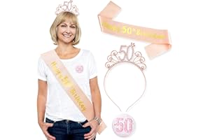 Chuangdi 50. Rosegold Geburtstag Mitgebsel Deko Set 3 Stück 50. Geburtstag Anstecker Abzeichen Happy 50th Birthday Schärpe Roségold Geburtstag Krone für 50. Geburtstag Party Accessoires Frauen