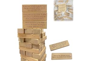MOUNW Ice Breaker Questions Tumbling Tower Game, 54 Pieces Questions Tumbling Tower Game, Giant Wood Stacking Game, Family Party Game for Kids Adults