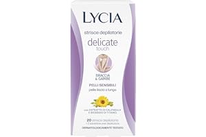 Lycia, Strisce Depilatorie Braccia e Gambe per Pelle Sensibile con Estratto di Calendula Lenitivo ed Emolliente, Senza Profumo e Conservanti, Delicate Touch, 20 Strisce + 2 Salviette Post Depilazione