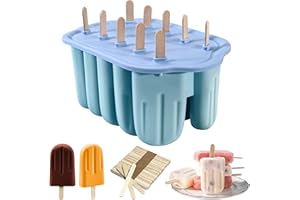 MISS GOOD Ice Lolly Moulds with Sticks, 10 Cavity Reusable Silicone Popsicle Mould BPA Free Ice Pop Moulds Non-Stick Easy to Remove Ice Lolly Maker with 50pcs Popsicle Sticks for Kids Adult DIY Ice Cream (Blue)