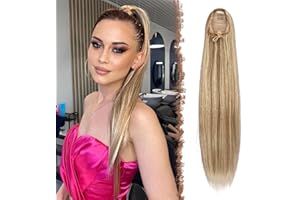 FESHFEN Postiche Queue de Cheval Cordon Droit Lisse, 60 cm Longue Ponytail Cheveux Naturel Postiche Synthétique Rajout Queue de Cheval pour Femmes Drawstring Ponytail Extension, Blond Mixte