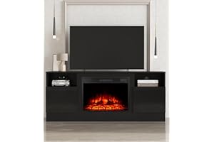 MachenFlame Insertar Chimenea eléctrica TV Stand,Centro de Entretenimiento Mesa Consola con LED Realista Efecto Llama Pantalla,Botón y Mando a Distancia,23" Chimenea (Negro, 147.3CM)