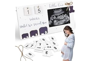 MOXTOYU Baby Scan Photo Frames Pregnancy Announcement Gifts, Wooden Ultrasound Photo Frame with Countdown Weeks, 1 Bear & 2 Hanging Rope Decorations, Pregnancy Announcement, Mum to Be Great Pregnancy Gift