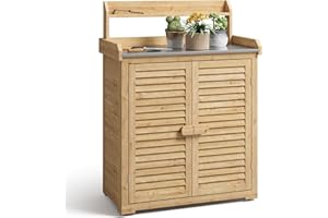 Blishom Tavolo da Lavoro per Piante con Armadietto - Mobiletto da Giardino in Legno con Piano di Lavoro, 4 Ripiani e Ganci - Per Interno ed Esterno - Naturale, 85x45x120 cm