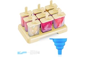 ANSMIO Ice Lolly Moulds 9 Popsicle Molds Ice Cream Moulds Reusable DIY Ideas Ice Lolly Stick - Comes with a Cleaning Brush and Silicone Folding Funnel(New Beige)