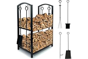 Crystals 2 Tier Metal Firewood Log Holder - Log Store - Log Rack for Fireplace - Firewood Rack for Fireplace Wood Storage Shelf with 4 Tools and Hooks, Indoor Outdoor, Large, Black
