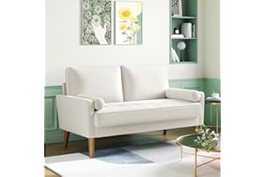 Meskanu Couch 2 Sitzer, 121 cm Samt Kleines Sofa mit 2 Wurfkissen, Modern Mini Sofa, Getuftetes Kleine Couch für Wohnzimmer/Schlafzimmer/Büro/Wohnung, Weiß
