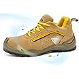 SAFEYEAR Breathable Leather Safety Shoes & Works Socks(1 Pair)- 7296 Lightweight Site Safety Trainers with 4E Wide Fit Steel Toe Cap, Non Slip Work Boots Men & Women Lady Footwear