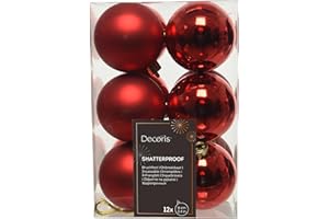 Decoris Box of 12 shatterproof baublesshiny/matt 6cm red, Acryl, Rot