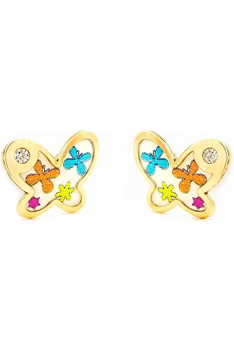 Boucles D'Oreilles Enfant Papillon Or 9 Carats - Coffret Cadeau Avec Certificat Garantie
