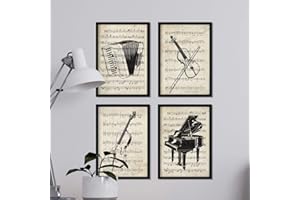 NACNIC Ensemble de 4 feuilles d'Encyclopédie Vintage avec Instruments et Partitions. Piano, violon, violoncelle, accordéon. Musique classique. A4 Sans cadre.. Sans cadre.