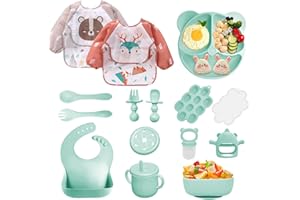 Bizcasa Vajilla Bebe Silicona, 14 Piezas Vajilla de Silicona para Bebés Antideslizante, Cubiertos Bebe para comer destete, Sin BPA, Con Baberos de manga larga Taza Plato Cuenco (Verde 2)