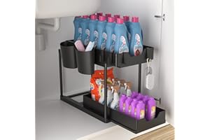 Glovios Scaffale sottolavello a 2 Livelli, Organizzatore Sotto il Lavandino Cucina,Scorrevole Scaffale Sottolavello Portaoggetti con 4 Ganci e 2 Bacinelle Sospese,Estraibile Cassetti per Bagno (A)