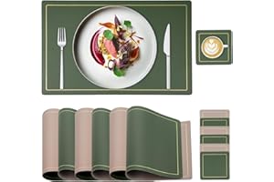 BENAEP Table Mats Set of 6,Placemats and Coaster Sets Washable Non-slip Heat Insulation PU Leather Dinner Place Mats Table Placemats Sets for Home Restaurant(Avocado Green+Coffee)