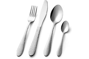 BIWHALE Cutlery Sets, 16 Piece Premium Stainless Steel Flatware Set with Hammered Pattern Design, Tableware Silverware Set with Spoon Knife and Fork Set, Service for 4, Dishwasher Safe/Easy Clean (Silver)