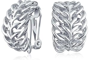 BLING JEWELRY Fashion Open Weave Cable Leaf Feather Wide Half Hoop Clip On Earrings For Women Non Pierced Ears Rhodium Plated Brass