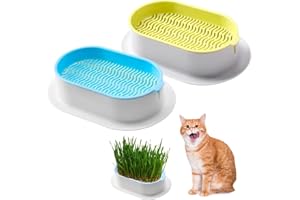 MEGYAD 2 unidades de macetas para hierba de gato: bandeja para hierba de gato, bandeja de germinación, maceta de hierba para gatos con rejilla protectora para hierba de gato (gris-verde+azul-blanco)