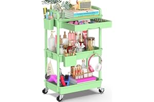 ‎YEABETT Yeabett 3-stöckiger Bastelwagen, Aufbewahrungswagen auf Rädern, Mehrzweckwagen mit Schublade, für Küche, Bad, Büro, Wohnzimmer, Grün