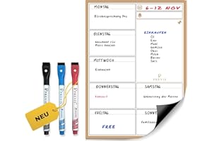 Previs Wochenplaner Abwischbar mit 3 Löschbaren Stiften - Magnettafel Küche - Wochenplaner Magnetisch - Magnettafel Kühlschrank - Whiteboard Wochenplaner - 100% Anpassbar