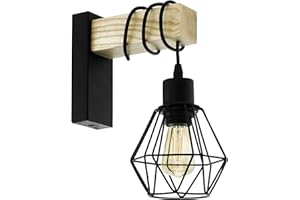 EGLO Wandlampe Townshend 5, Vintage Wandleuchte im Industrial Design, Retro Lampe aus Stahl und Holz, Farbe Schwarz, braun, Fassung E27, FSC zertifiziert