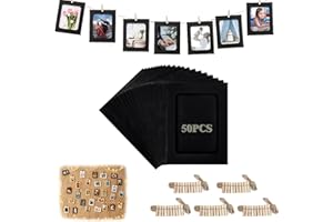 Hexizexi 50 Stück 5 Zoll Papier Bilderrahmen 9.8x13.2 cm Schwarz Fotogirlande mit 50 Holzklammern und 5 Rollen Hanfschnur Fototaschen zum Aufhängen Geeignet für Geburtstage Hochzeiten Wanddekoration