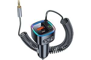 GREATZER Aux Bluetooth 5.4 Auto Ricevitore Bluetooth per Auto con Jack AUX da 3,5 mm Ricarica Rapida 42W (PD 30W & QC 12W) Supporta Chiamate in Vivavoce Musica Hi-Fi RGB Compatibilità U-Luce